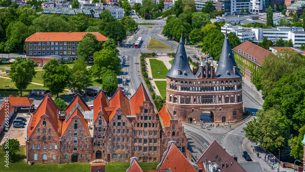 Skyline of Lübeck, Germany with the Holstentor Skyline of Lübeck, Germany with the Holstentor