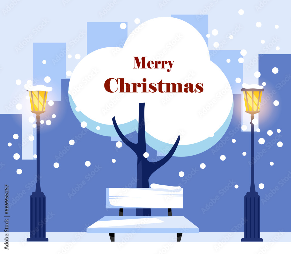 Fototapeta premium Merry Christmas background vector illustration with snow tree.