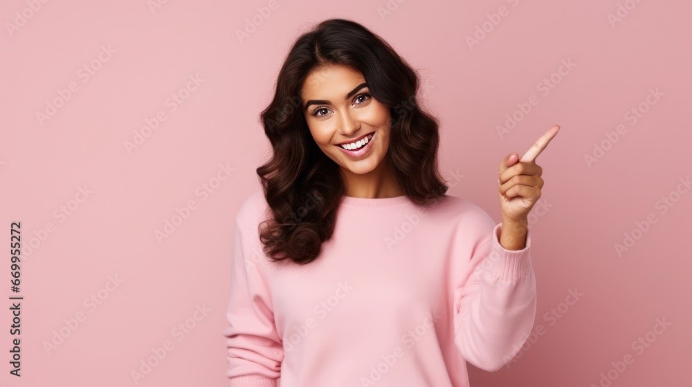 Young woman looks away and shows his finger on copy space.against a light pink background. Young woman looks away and shows his finger on copy space.against a light pink background.