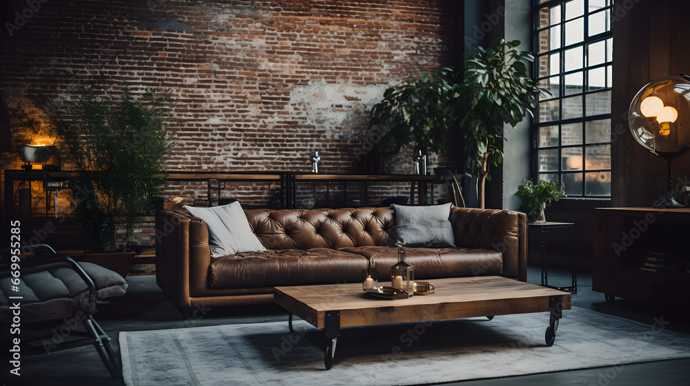 
Brick Walls, Leather Couch, Factory Theme, Industrial Style, Rustic Charm, Vintage Decor, Urban Chic, Exposed Brick, Warehouse Vibe, Masculine Design, Raw Materials, Steampunk Elements, Loft Living, 