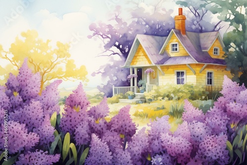 Illustration of a yellow cottage surrounded by lilac flowers. Generative AI