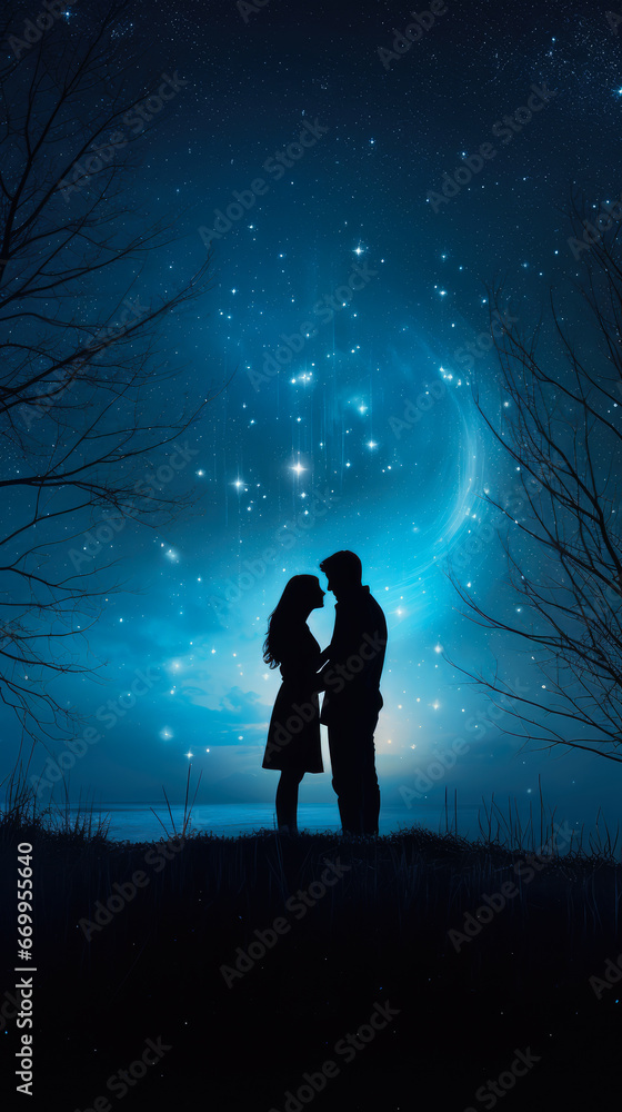 Silhouette of man and woman holding hands against night sky background. Romantic couple kissing in the night forest with starry sky