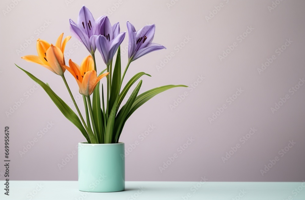 tulip flowers in a vase, copy space. Concept for Mother's Day, Valentine, birthday wishes. Generative AI