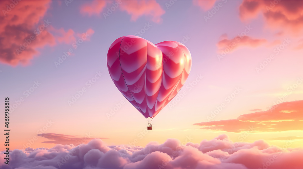 Fototapeta premium Heart shaped hot air balloon flying over the mountains. Valentine's day background