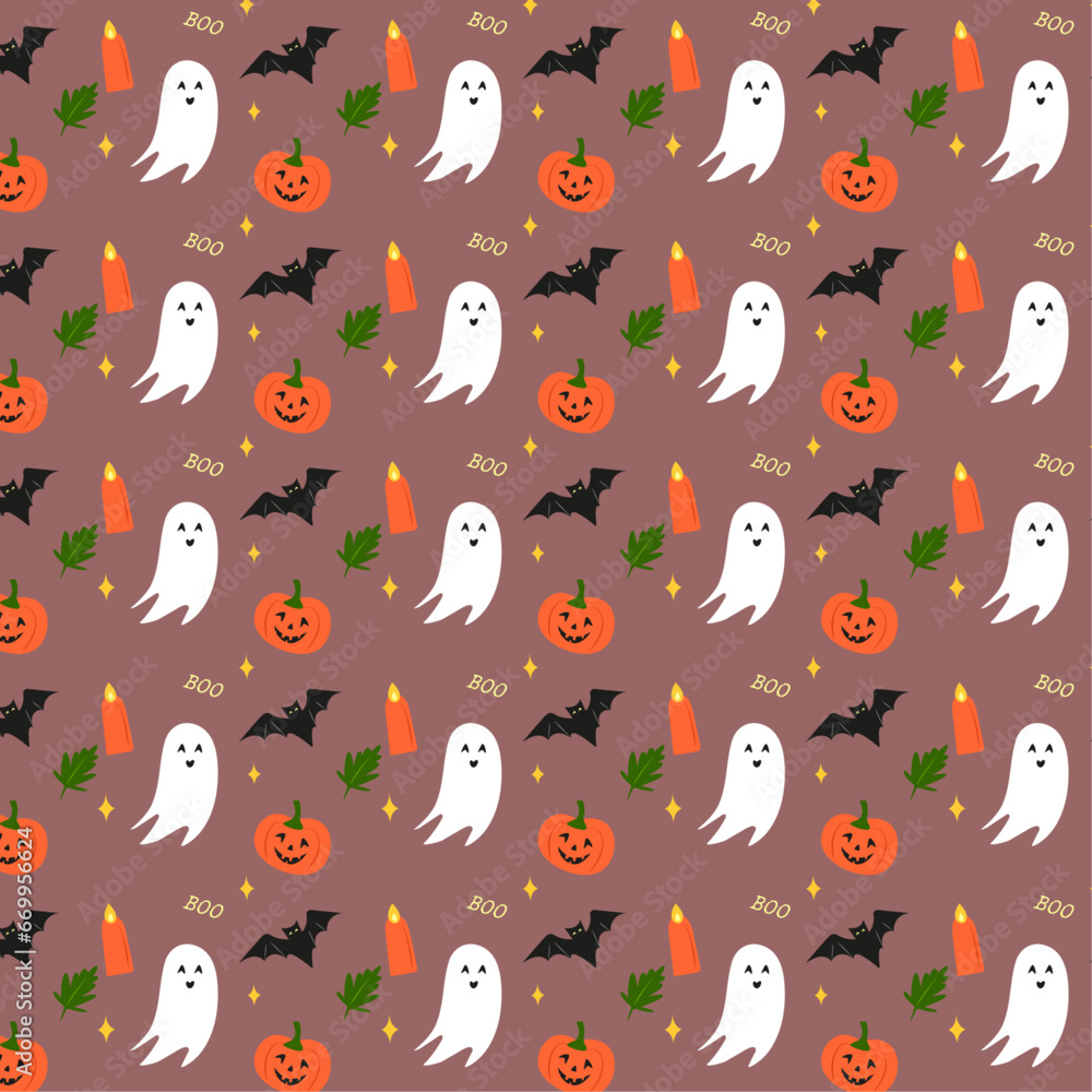Halloween pattern with ghosts, pumpkins, candles, leaves, a bat and an inscription (cocoa background)