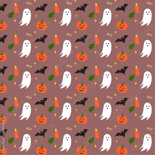 Halloween pattern with ghosts, pumpkins, candles, leaves, a bat and an inscription (cocoa background) © Ксения Филимонова