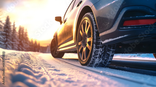 A car with winter tires on a snowy road © Alina