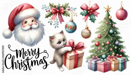 Stickers sets with Smiles Santa Claus, kitten playing with a wrapped giftbox, Christmas tree, and assorted ornaments. Merry Christmas greeting. New Year watercolor illustration. Elements for print