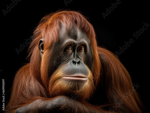 Orangutan Studio Shot Isolated on Clear Black Background, Generative AI