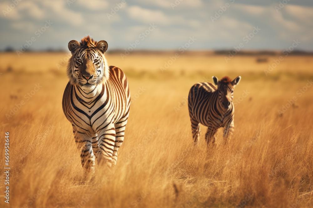 Zebringer, zebra crossed with tiger, fictional animal on African