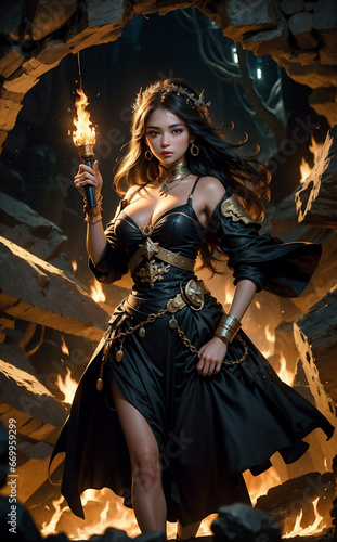 Beautiful young woman in black dress and leather corset posing with burning torches