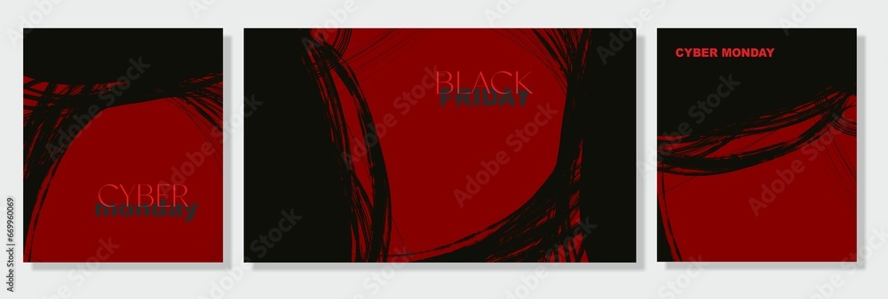 Fototapeta premium Black Friday, Cyber Monday. Design of advertising flyer templates in grunge style (broad strokes and scribbles in red, black, white). Minimalist posters for business, promotion and advertising