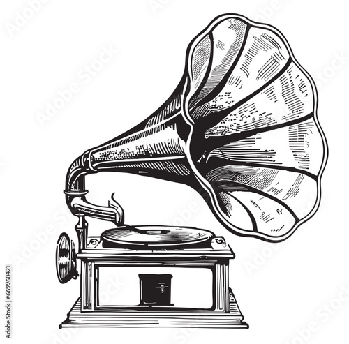Retro musical gramophone sketch hand drawn in doodle style illustration