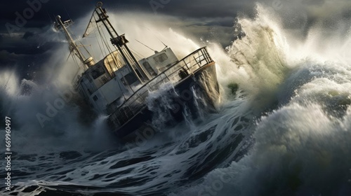 A small ship is covered by a wave during a storm at sea