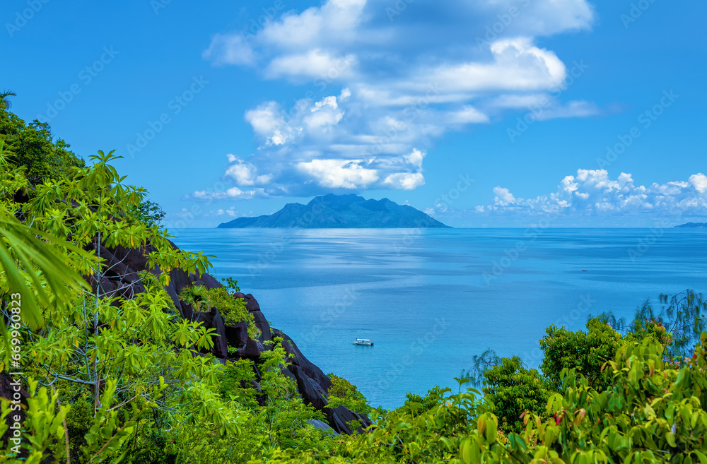 Island Silhouette seen from Island Mahé, Republic of Seychelles, Africa.