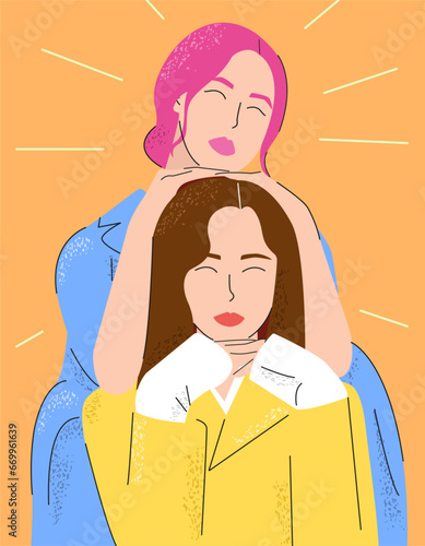 Flat illustration of two bright girl friends with lips on a orange background