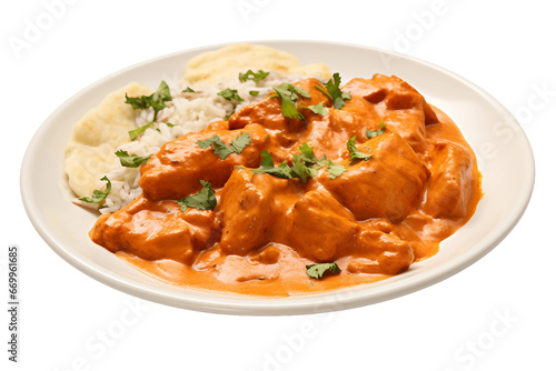 Delectable Plate of Chicken Tikka Masala on transparent background.