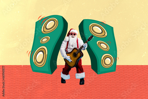 Artwork collage picture of overjoyed grandfather santa playing guitar big speakers music sound christmas party isolated on creative background