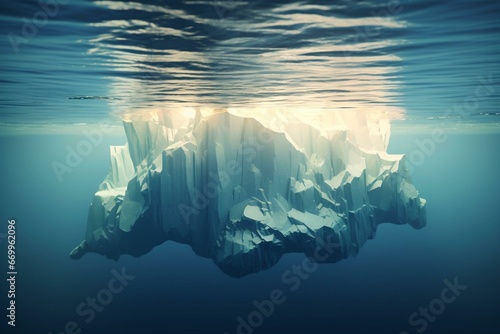 Iceberg in ocean, visible tip and submerged parts, top smaller than bottom. Generative AI photo