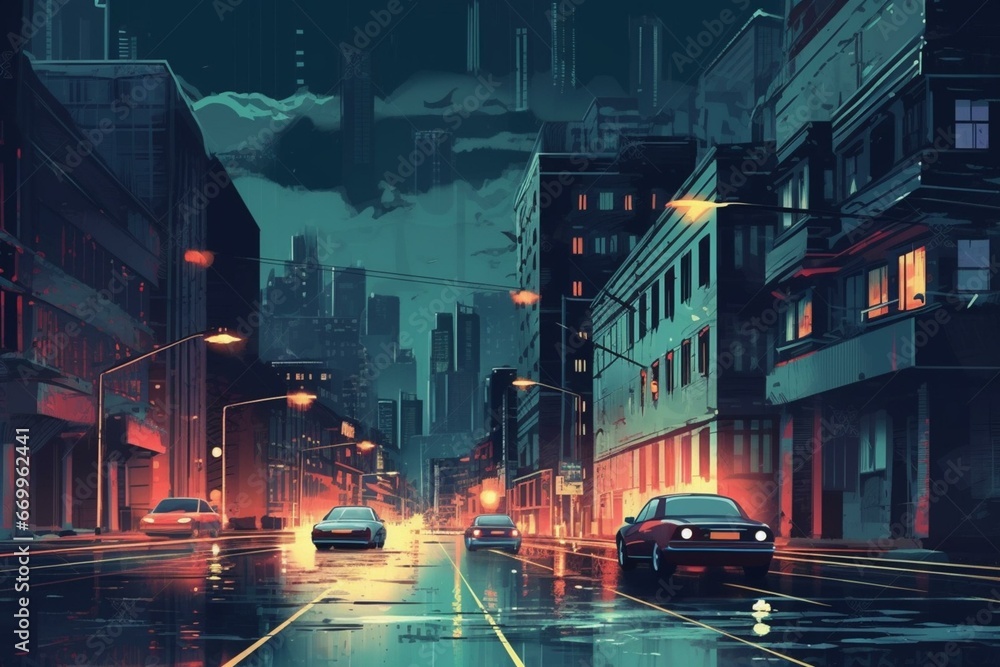Nighttime urban scene with car, streets, skyscrapers as wallpaper. Generative AI