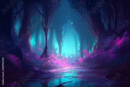 Enchanting forest illuminated by mystical purple and cyan lights. A picturesque digital painting of a dreamy landscape. Generative AI