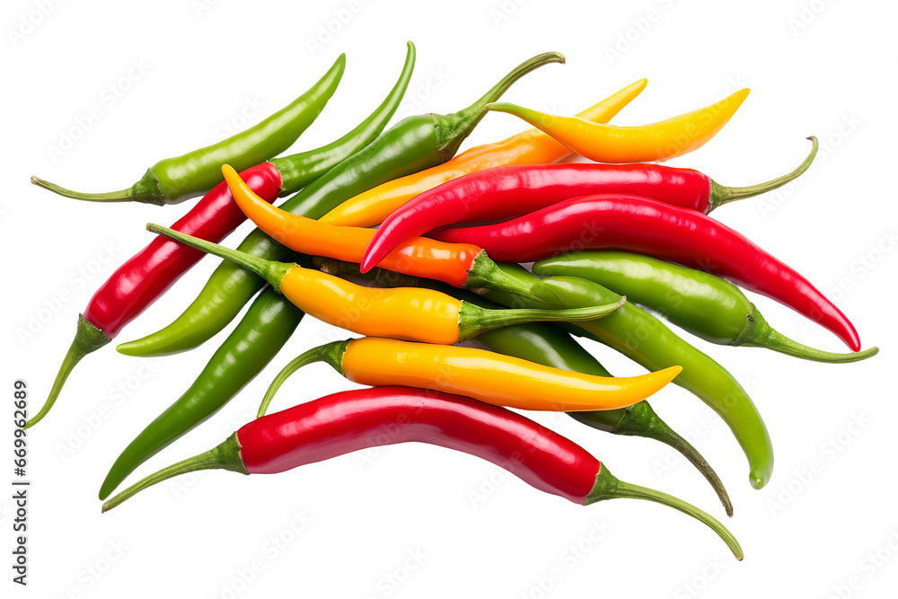 Colorful and Spicy Chili Peppers Arranged to Perfection on transparent background.