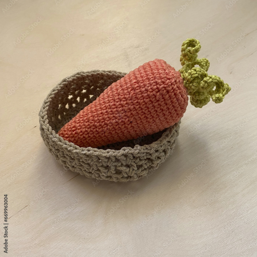 Knitted Carrot with Green Leaf in Cotton Rope Basket, Handmade Product for Home Decoration