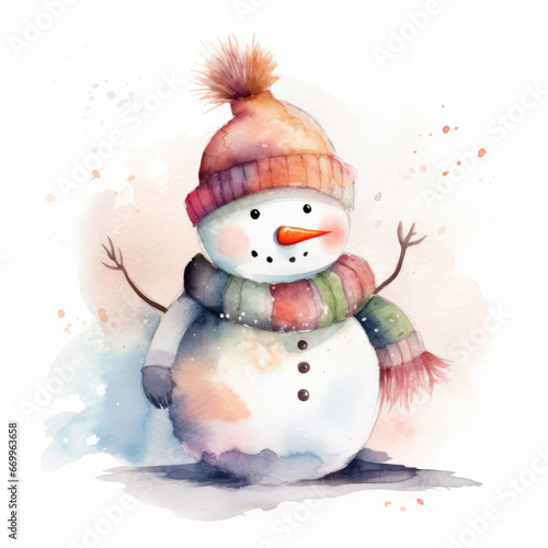 Snowman in red hat and knitted scarf on a White Background, Watercolor. Winter Clipart for celebration design, planner sticker, pattern, sublimation, greeting card for Christmas, XMas, New Year