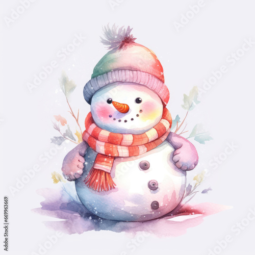 Cute Snowman in red hat and scarf on a White Background, Watercolor. Winter Clipart for celebration design, planner sticker, pattern, sublimation, greeting card for Christmas, XMas, New Year