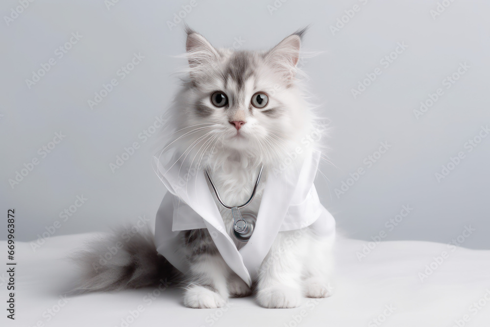 Kitten dressed as a veterinary doctor on a hospital white table Kitten dressed as a veterinary doctor on a hospital white table