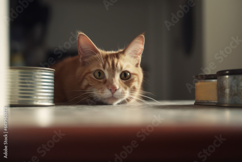 Portrait of hungry red cat over counte table, looking to food on the kitchen. © MarijaBazarova