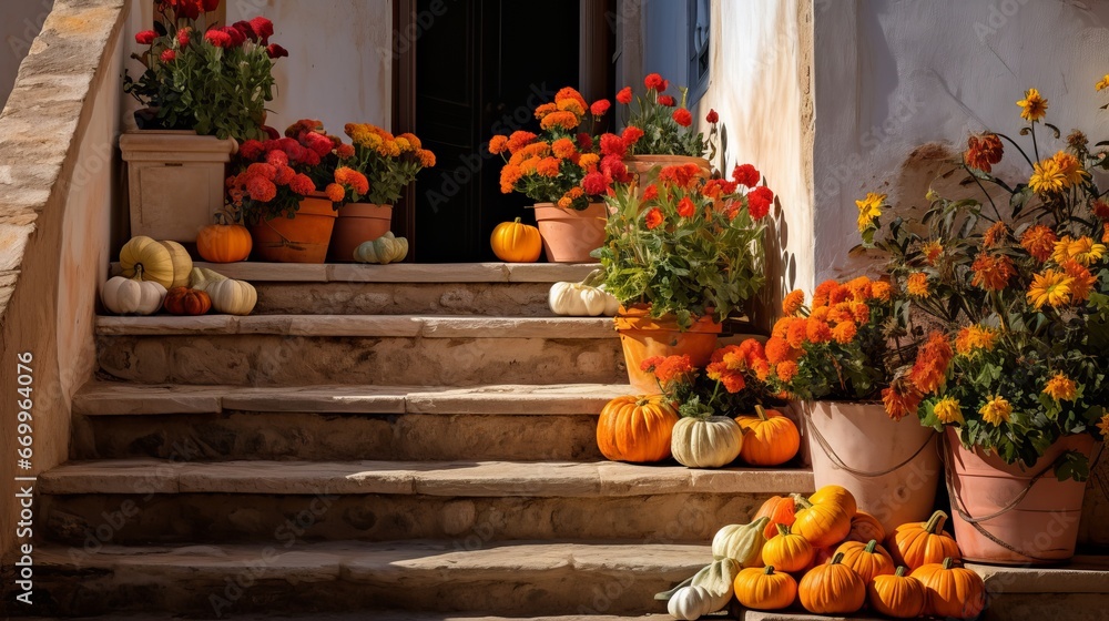 Colorful Pumpkins and Blossoms on the Stairs of an Ancient Domestic in City amid Harvest time