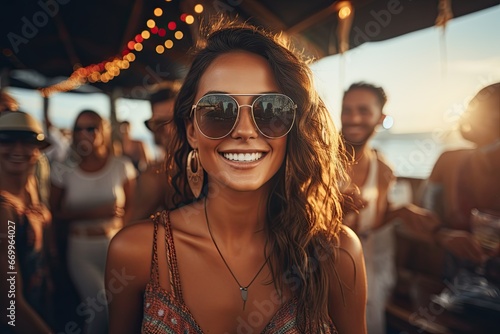 portrait of a woman in sunglasses happy on a boat in summer