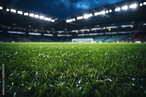 Lawn in the soccer stadium. Football stadium with lights. Grass close up in sports arena, background banner.