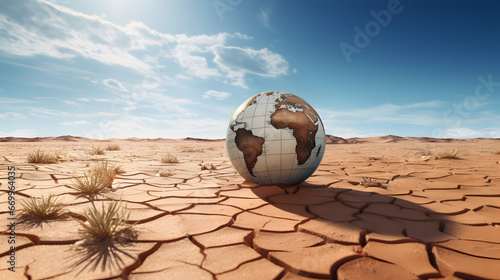 une planète Terre posée dans un désert sous une chaleur intense pour illustrer le dérèglement climatique