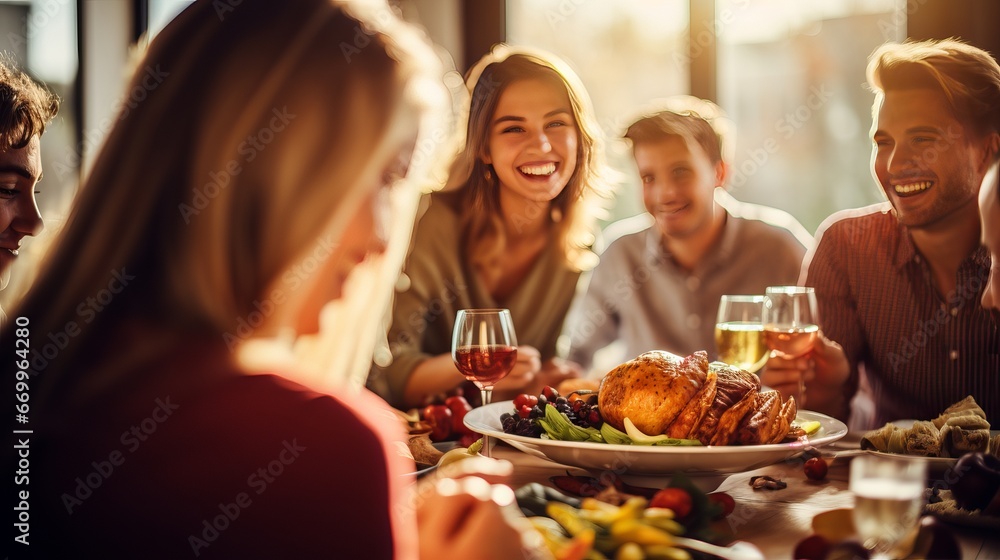 Cheerful companions having thanksgiving lunch at domestic