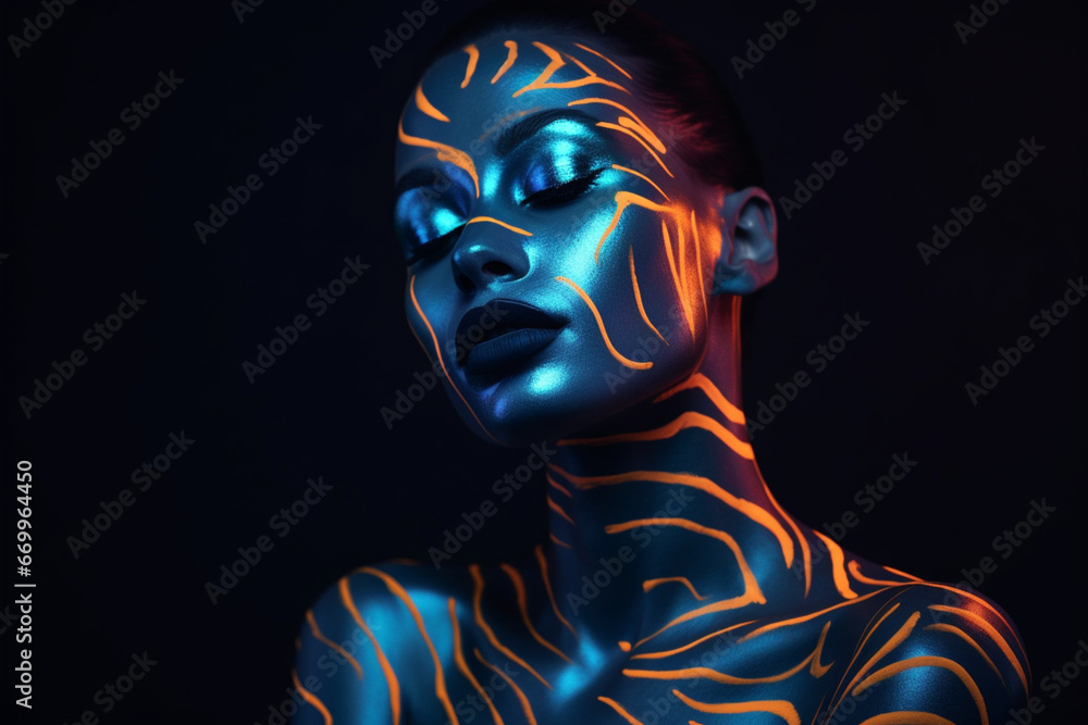 Innovative Beauty Advertising Shoot, Talented Model Showcases Her Unique Style, Neon-Painted Body and Face Contrasting Beautifully with Dark Abstract Backdrop, Creating a Visually Stunning