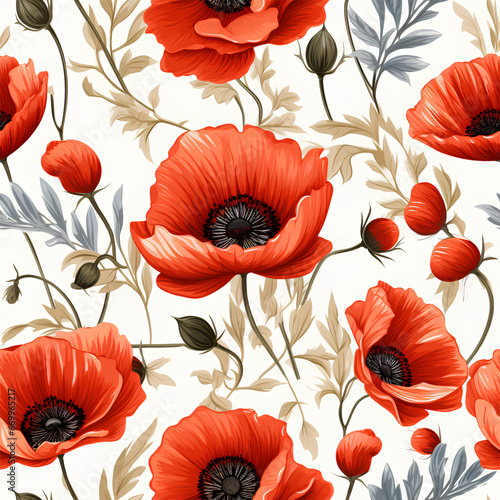 Red poppy flower watercolor illustration seamless collection. Red petals black stamens poppy flowers isolated on white. Meadow wild blossom set, field blooming plants clip art. Green buds and leaves