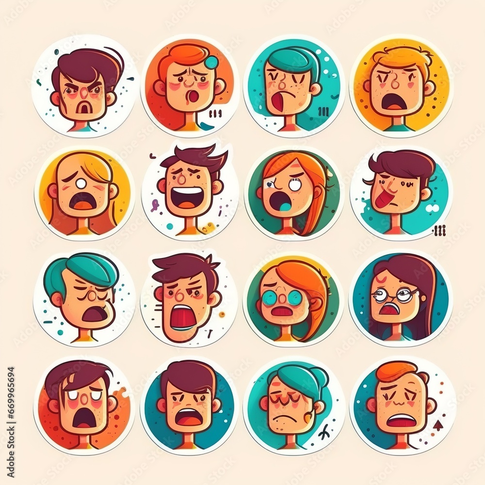 Colorful cartoon character face circle illustration set Funny people doing diverse gesture and mood expression in trendy style. Social media reaction sticker, children drawing concept Generative AI Colorful cartoon character face circle illustration set Funny people doing diverse gesture and mood expression in trendy style. Social media reaction sticker, children drawing concept Generative AI