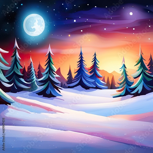 Christmas background with trees in winter evening