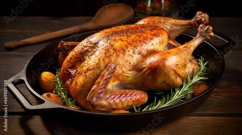Entire Broil Turkey in simmering skillet on wood surface and green blue foundation