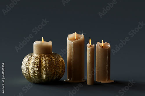 3D render of festive candles burning against gray background photo