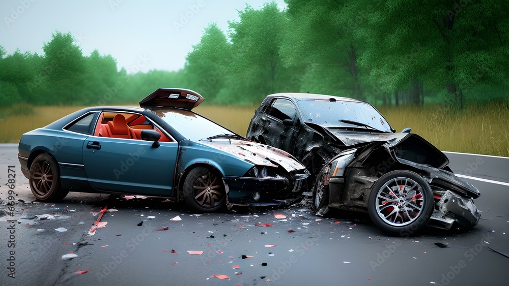 Naklejka premium A car accident involving a bike results in a tragic fatality.