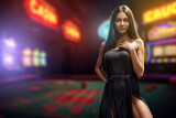 Casino poster, design template, beautiful girl on the background of the casino interior. Gambling, betting, online casino. Copy space