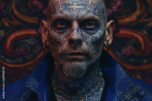 Portrait of a dangerous man with tattoos on his face and chest in blue jacket