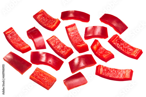 Red chile or bell pepper rectangular slices, pieces or chunks isolated png © maxsol7