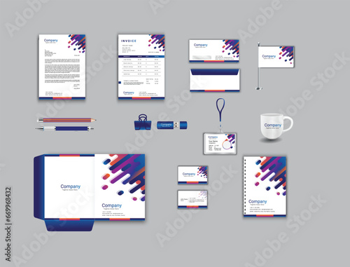 office business stationary set in blue color, white background vector design with letter head envelop folder id card notepad usb paper clip pen pencil cup business card flag
