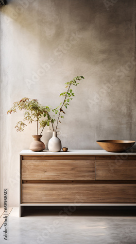 Light Wood Cabinet with Plants on Top