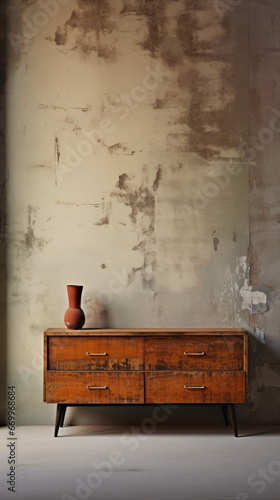 Wooden Dresser with Open Drawers and Concrete Wall