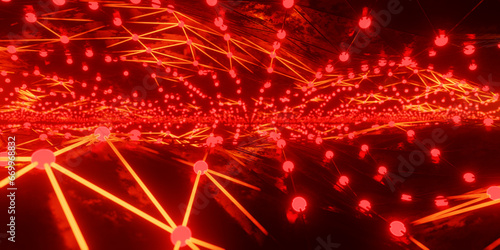 3D render of tunnel with red geometric neon illumination